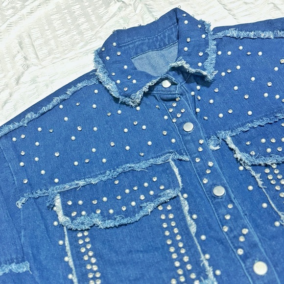 Rhinestone Studded Denim Shirt Jacket 3XL Western Fringe Raw Hem - Picture 4 of 8